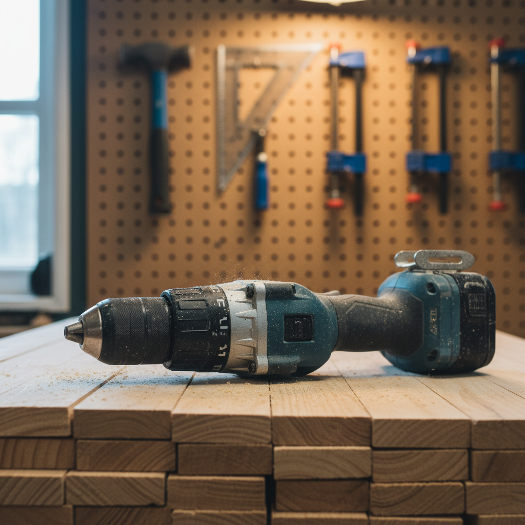 A close-up, photographic-realistic shot of a well-used yet meticulously maintained cordless drill resting on a neatly stacked pile of pre-cut wooden boards, their edges perfectly aligned. Fine sawdust forms a soft halo around the base, while in the blurred background a pegboard wall displays labeled outlines for a hammer, square, and clamps, all hanging in precise order. Cool daylight from a small window meets warmer overhead light, creating subtle highlights on the drill’s textured grip and the wood’s natural grain. Shot at a low angle with shallow depth of field, the mood is confident and professional, capturing the essence of a capable dad’s workshop without depicting any people.