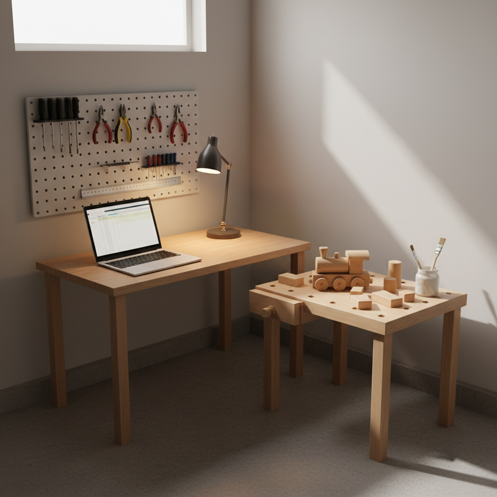 A compact corner of a garage transformed into a dual-purpose workspace, featuring a laptop open on a clean wooden desk adjacent to a small toolboard with screwdrivers, pliers, and a precision ruler. Next to the desk, a half-assembled wooden toy train sits on a separate mini workbench, surrounded by non-scattered blocks of sanded wood and small containers of non-spilled wood glue and brushes. Soft morning sunlight enters through a high window, mingling with a single warm task lamp that creates a cozy, balanced glow. Photographic realism, shot from a three-quarter angle with gentle depth of field, conveying the harmony of remote work and hands-on dad projects in a clutter-free, professional atmosphere without any people.