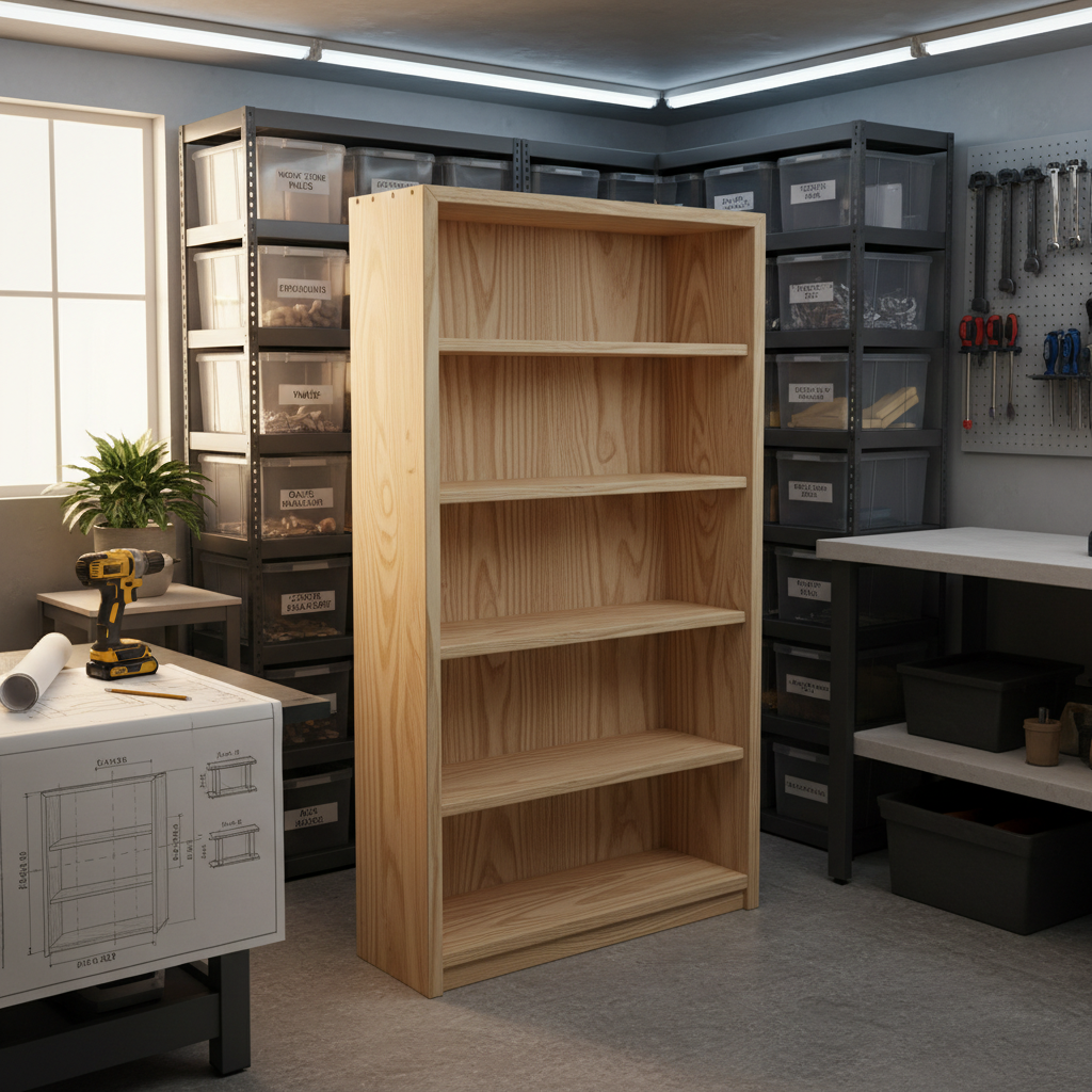 A freshly built, unpainted wooden bookshelf standing in the center of a garage workshop, its smooth sanded edges and visible grain catching the warm light. Around it, labeled plastic bins of screws, nails, and brackets line metal shelves, while a cordless drill and detailed sketch of measurements lie on a side table. Soft overhead LED lighting combines with diffused natural daylight from a small side window, creating an even, professional illumination. Photographic realism from a slightly elevated angle, using a clean, modern composition that suggests careful planning and work-life balance through a neatly zoned corner for home projects, with no human figures visible.