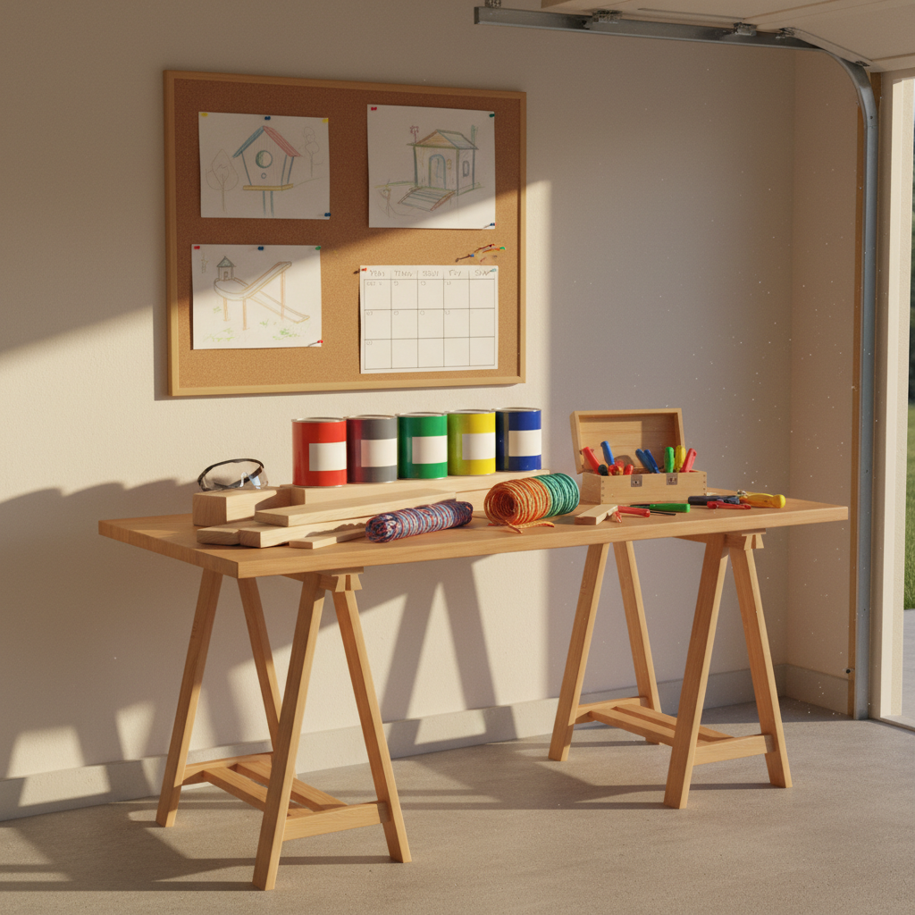 A solid wooden sawhorse table in the middle of a garage, supporting a colorful mix of kid-friendly project materials: sanded pine planks, bright non-branded paint cans with lids on, neatly coiled rope, safety goggles, and a small wooden toolbox. On the wall, a corkboard holds neatly pinned, hand-drawn project sketches and a weekly schedule grid with blank boxes. Late afternoon golden light streams through the open garage, highlighting dust motes in the air and creating long, warm shadows. Photographic realism, framed using the rule of thirds with the project table as the anchor, evoking a sense of organized family creativity and future collaboration, clearly absent of human presence.